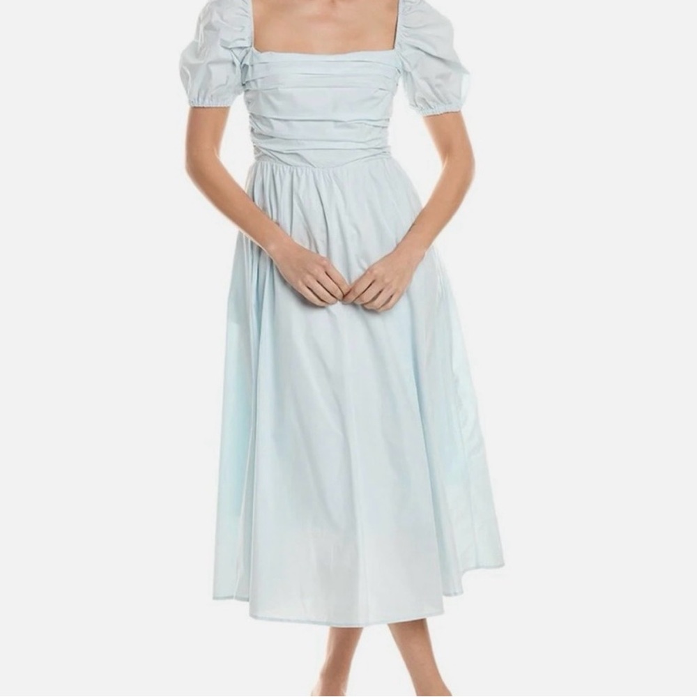 Chic Light Blue Midi Dress with Puff Sleeves